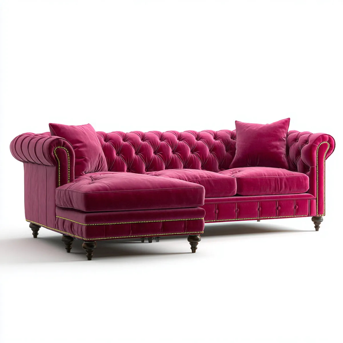Canapé d’angle Chesterfield fuchsia en velours de polyester 290 x 170 x 78 cm