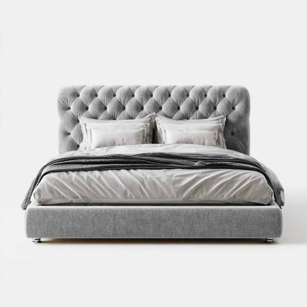 Lit double capitonné gris 160 x 200 cm en velours de polyester à tête de lit rectangulaire