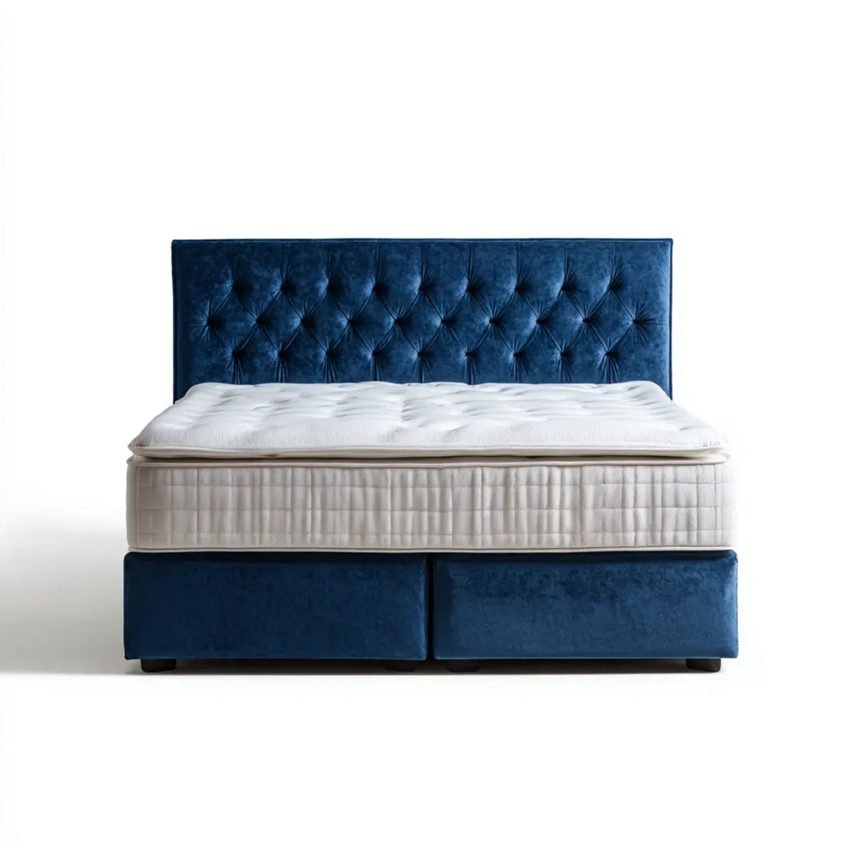 Lit boxspring double 180 x 200 cm bleu nuit en velours polyester avec matelas et tête de lit capitonnée rectangulaire
